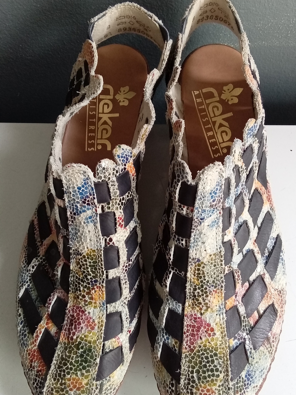 Rieker Antistress Multi-Color Mosaic Lattice Slingback Heels Shoes Size 39